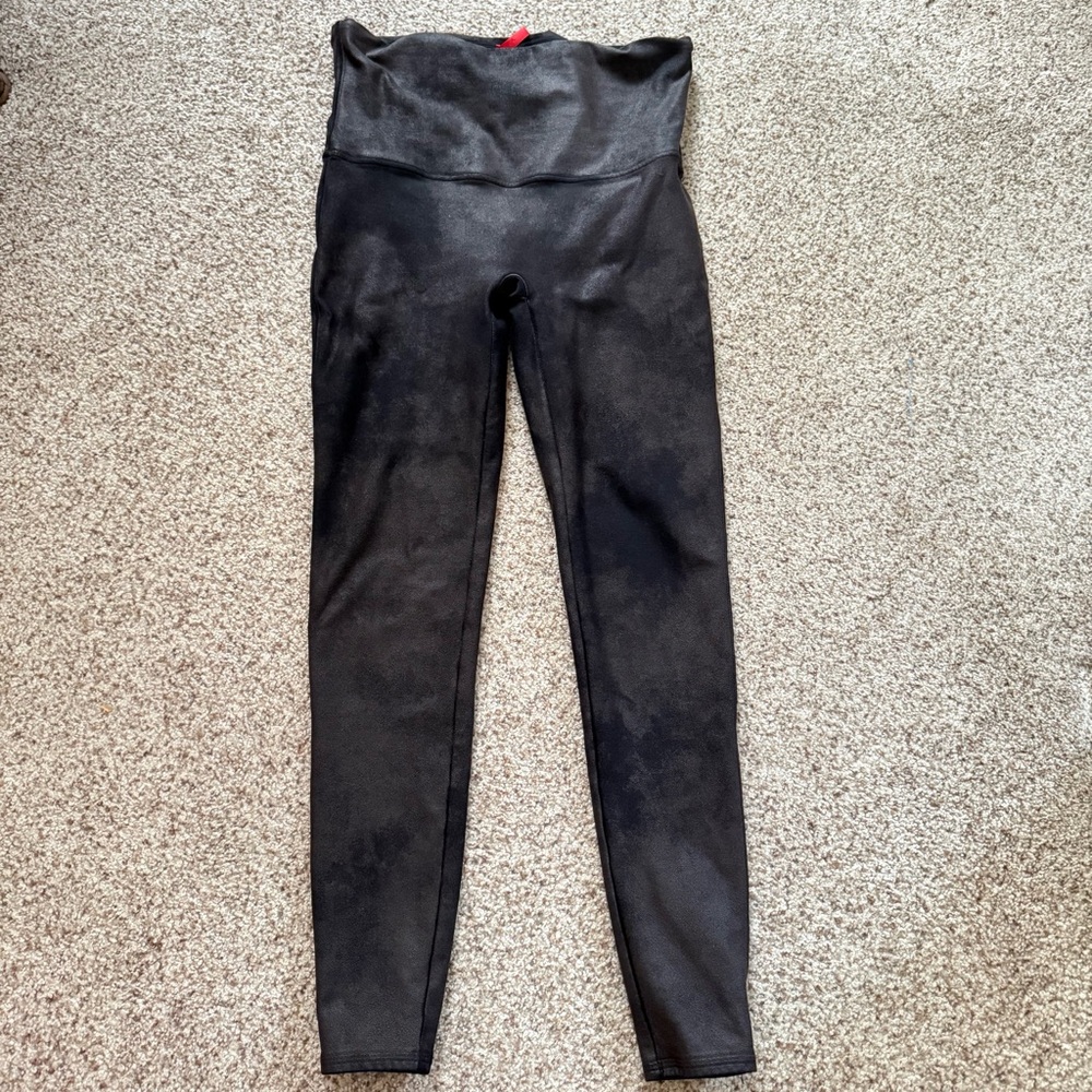 SPANX Faux Leather Fleece Lined Leggings Black High Power Waistband Size 1X